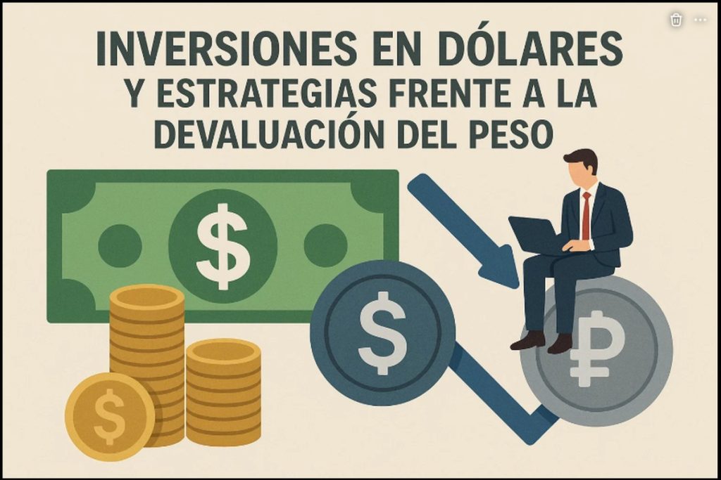 Ilustración de estilo retro con fondo beige y el título grande “INVERSIONES EN DÓLARES Y ESTRATEGIAS FRENTE A LA DEVALUACIÓN DEL PESO” en la parte superior. A la izquierda se ve un billete verde grande con símbolo de dólar y, delante, varias pilas de monedas doradas apiladas. A la derecha hay dos círculos grises que representan monedas grandes: una con símbolo de dólar y otra con símbolo de peso argentino, unidas por una flecha azul en diagonal que baja. Sentado sobre la moneda del peso aparece un hombre dibujado con traje azul, camisa blanca y corbata roja, usando una notebook, simbolizando un inversor analizando estrategias frente a la devaluación. Es un personaje ilustrado, no una persona real.