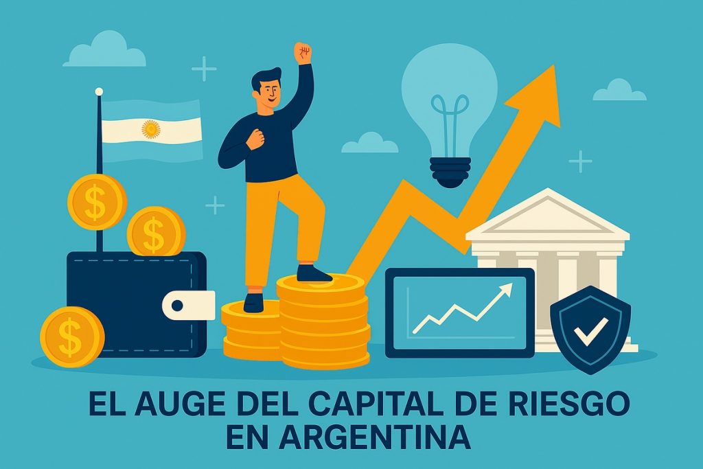 Ilustración sobre el auge del capital de riesgo en Argentina: un inversor de pie sobre monedas, gráficos ascendentes, una bombilla de idea, un edificio financiero y la bandera argentina, simbolizando el crecimiento del financiamiento a startups y la expansión del mercado inversor.