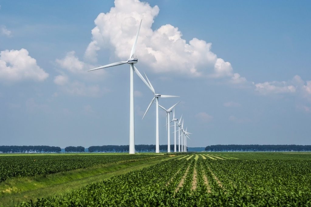 Imagen panorámica de una fila de turbinas eólicas blancas en un amplio campo agrícola verde, bajo un cielo azul con nubes, representando el aprovechamiento de la energía del viento como fuente limpia y renovable.