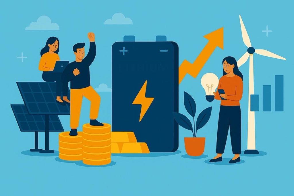 Ilustración en estilo plano que representa el auge del litio y las energías renovables. Muestra a tres personas interactuando con paneles solares, una batería gigante con el símbolo de energía, monedas apiladas y una turbina eólica. Una flecha ascendente y una bombilla aluden al crecimiento económico y tecnológico impulsado por el litio.