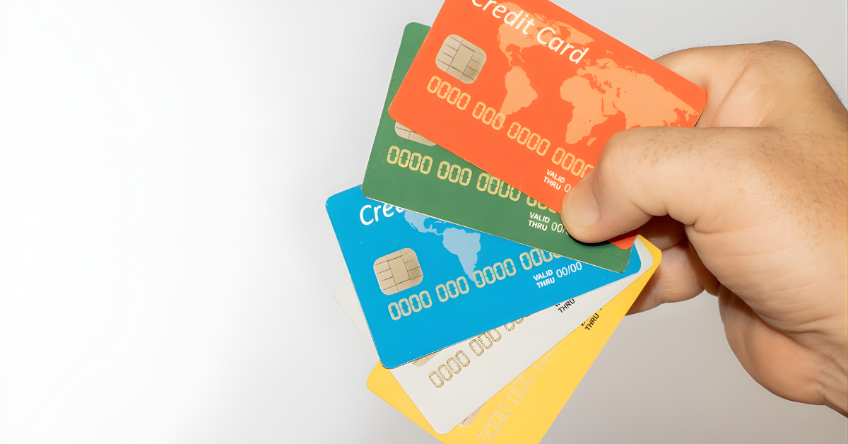 Mano sosteniendo varias tarjetas de crédito de diferentes colores, representando opciones financieras y control del gasto.