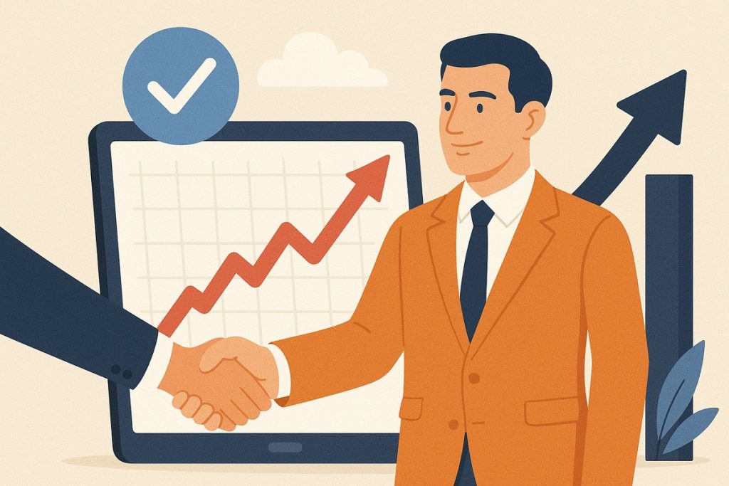 Ilustración de un empresario con traje naranja y corbata oscura estrechando la mano de otra persona frente a una pantalla que muestra una gráfica ascendente, simbolizando el éxito, el crecimiento y el acuerdo comercial.