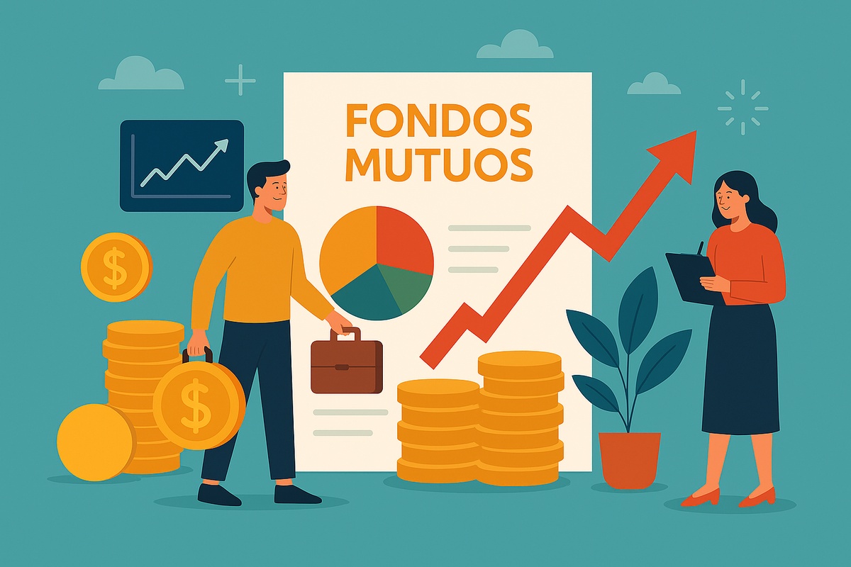 Ilustración en estilo plano que muestra a dos personas analizando un cartel con la inscripción “Fondos Mutuos”, acompañadas de gráficos de crecimiento, monedas doradas y un diagrama circular, representando la diversificación y el crecimiento financiero.