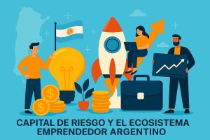 Ilustración moderna que muestra el ecosistema emprendedor argentino: personas con una computadora portátil y gráficos de crecimiento, un cohete que simboliza startups, una gran bombilla de innovación, monedas y la bandera argentina representando el capital de riesgo impulsando el desarrollo empresarial.