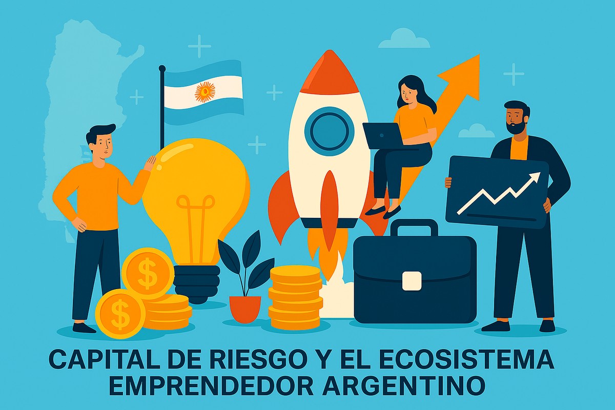 Ilustración moderna que muestra el ecosistema emprendedor argentino: personas con una computadora portátil y gráficos de crecimiento, un cohete que simboliza startups, una gran bombilla de innovación, monedas y la bandera argentina representando el capital de riesgo impulsando el desarrollo empresarial.