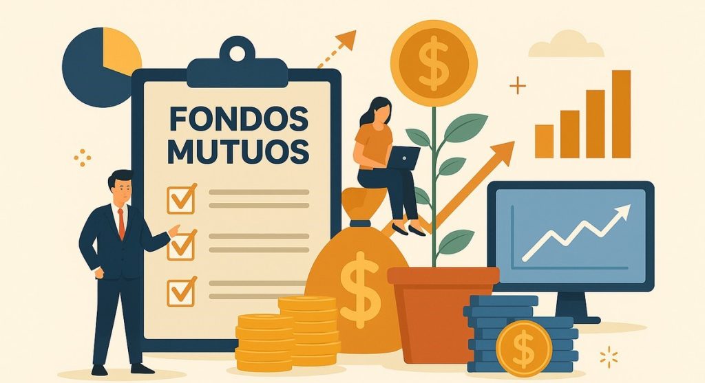 Ilustración moderna sobre el concepto de fondos mutuos, con un empresario frente a una lista de verificación, una mujer usando una computadora portátil sobre un saco de dinero y gráficos ascendentes que simbolizan la confianza y la popularidad creciente de estas inversiones.