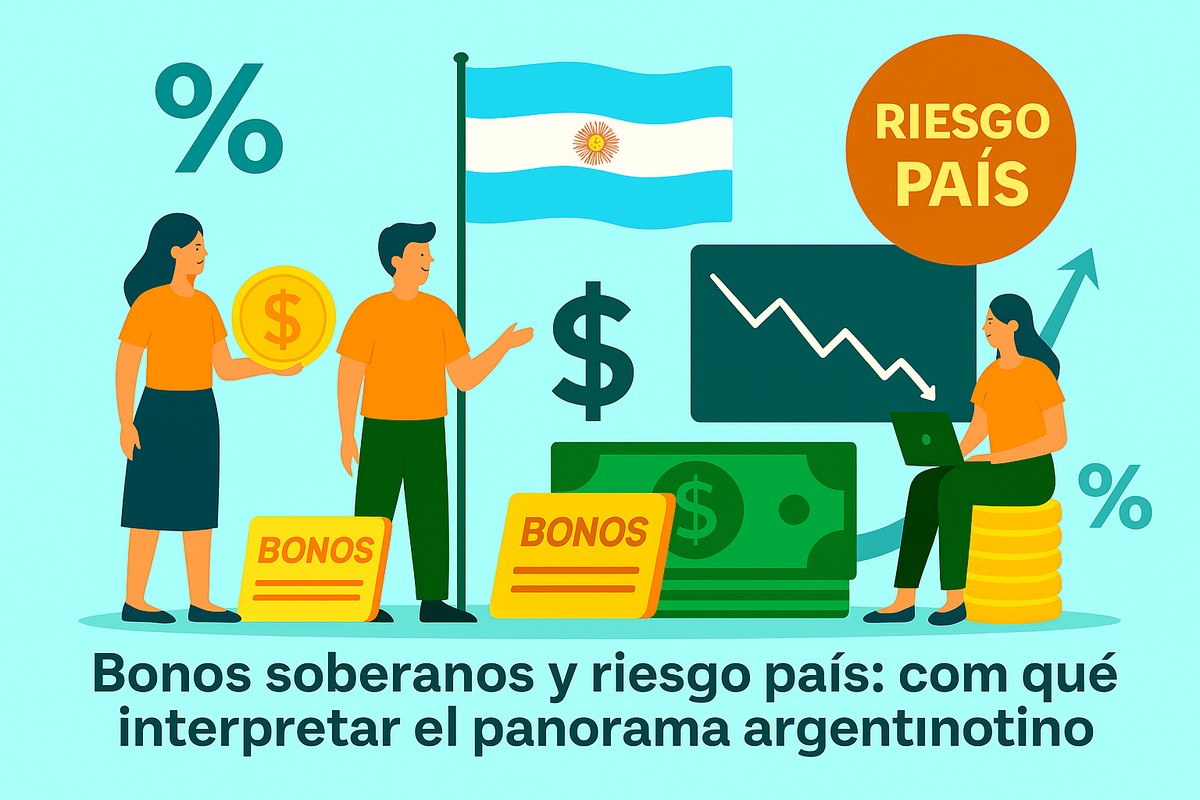 Ilustración digital en estilo plano que muestra a tres personas frente a una bandera argentina, gráficos financieros, billetes, monedas y tarjetas de bonos con la palabra “BONOS”. Una flecha descendente y un gráfico con línea negativa simbolizan el riesgo país y la situación económica argentina.