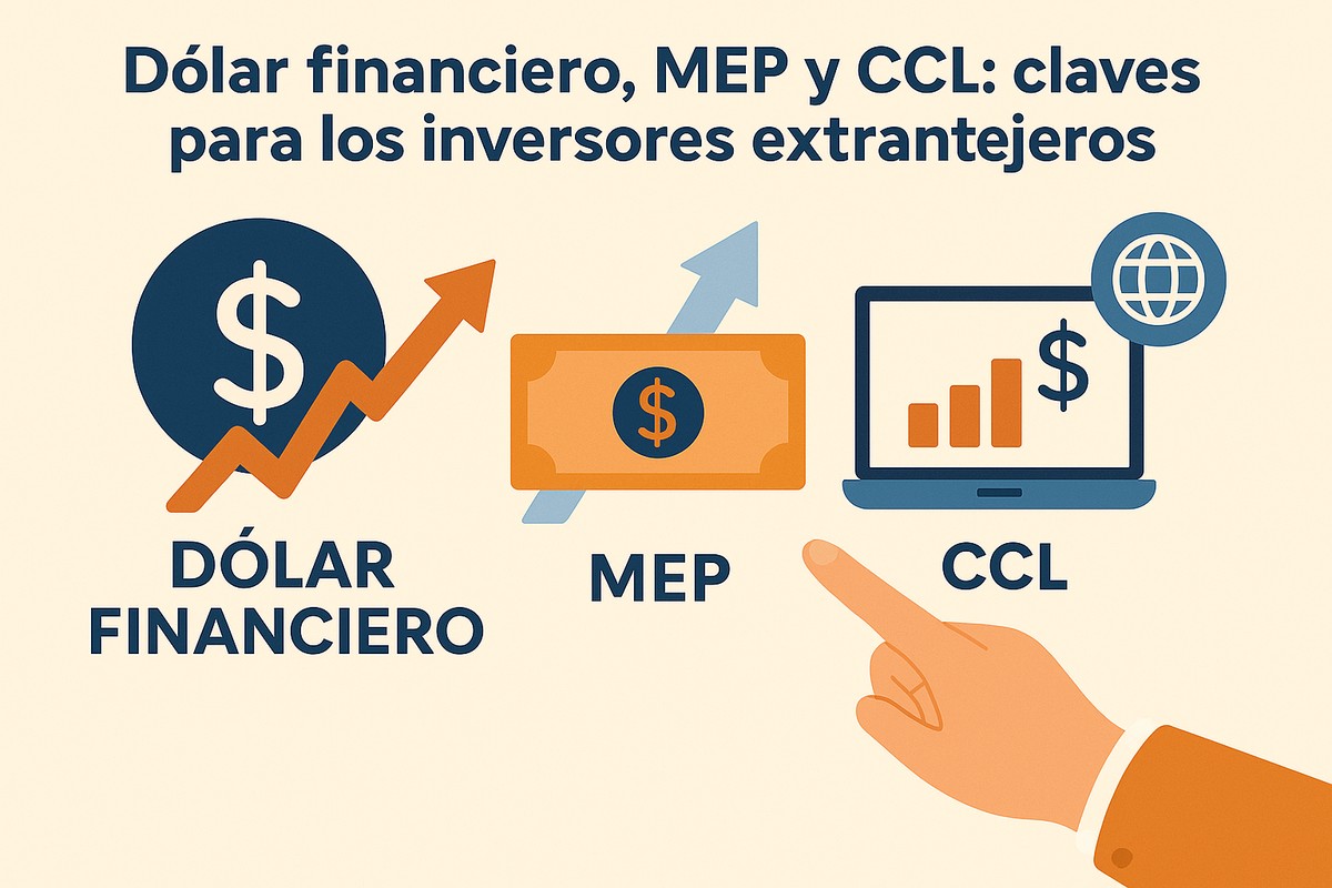 Infografía en tonos azul, naranja y beige que explica los conceptos de dólar financiero, MEP y CCL. A la izquierda, un símbolo del dólar con una flecha ascendente representa el dólar financiero; al centro, un billete naranja con una flecha azul hacia arriba simboliza el MEP; y a la derecha, una computadora portátil con un gráfico de barras y un signo de dólar junto a un icono de globo representa el CCL. Una mano apunta hacia el símbolo CCL, destacando su importancia para inversores extranjeros.