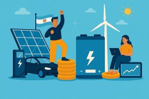 Ilustración moderna sobre el mercado de energía y el litio en Argentina. Se observan un hombre sobre monedas de oro frente a paneles solares, un auto eléctrico y una gran batería azul, con una mujer trabajando en una laptop. De fondo, una turbina eólica, el sol y la bandera argentina simbolizan innovación y desarrollo sostenible.