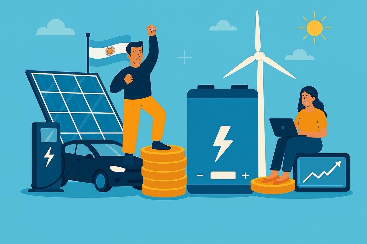 Ilustración moderna sobre el mercado de energía y el litio en Argentina. Se observan un hombre sobre monedas de oro frente a paneles solares, un auto eléctrico y una gran batería azul, con una mujer trabajando en una laptop. De fondo, una turbina eólica, el sol y la bandera argentina simbolizan innovación y desarrollo sostenible.