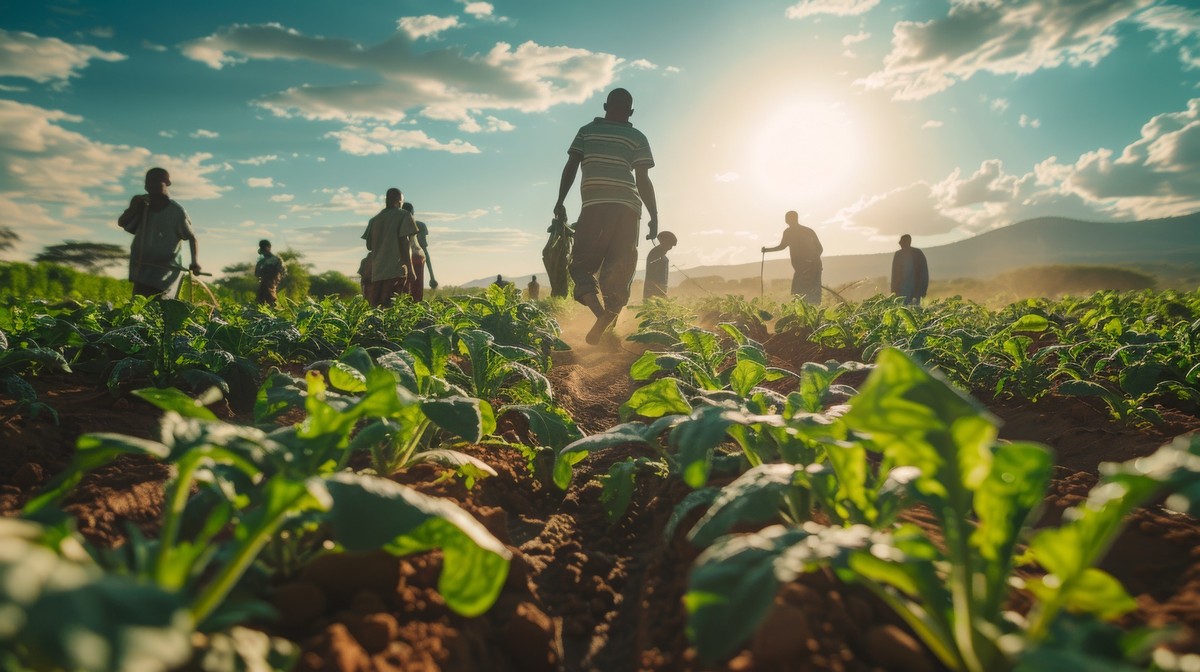 Fotografía de un grupo de agricultores trabajando al atardecer en un campo de hortalizas verdes, con luz cálida del sol y montañas al fondo, reflejando esfuerzo y conexión con la tierra.