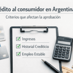 Imagen sobre finanzas en Argentina que muestra criterios de aprobación de crédito al consumidor, con checklist de ingresos, historial crediticio y empleo estable, junto a tarjetas, calculadora y una casa en miniatura.