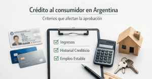 Imagen sobre finanzas en Argentina que muestra criterios de aprobación de crédito al consumidor, con checklist de ingresos, historial crediticio y empleo estable, junto a tarjetas, calculadora y una casa en miniatura.
