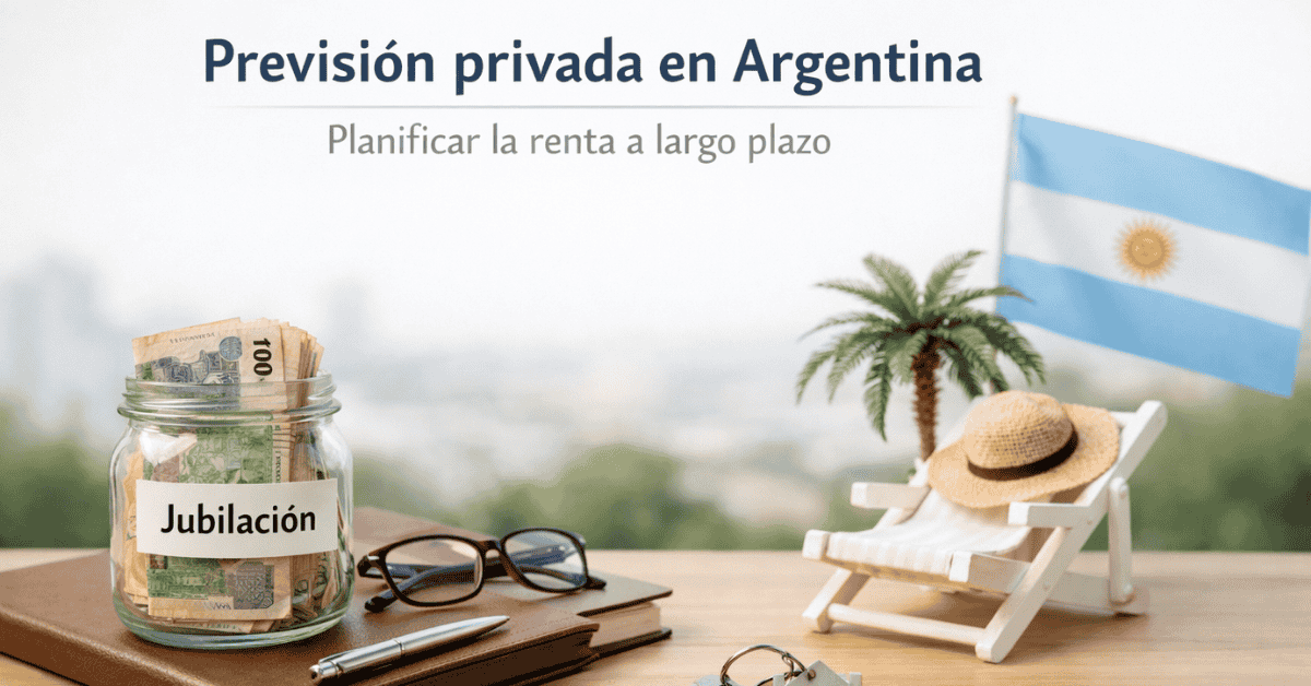 Ahorros para jubilación en un frasco etiquetado “Jubilación”, con billetes, cuadernos y anteojos sobre la mesa, junto a una silla de descanso y la bandera argentina al fondo, representando la planificación de finanzas y la previsión privada en Argentina.