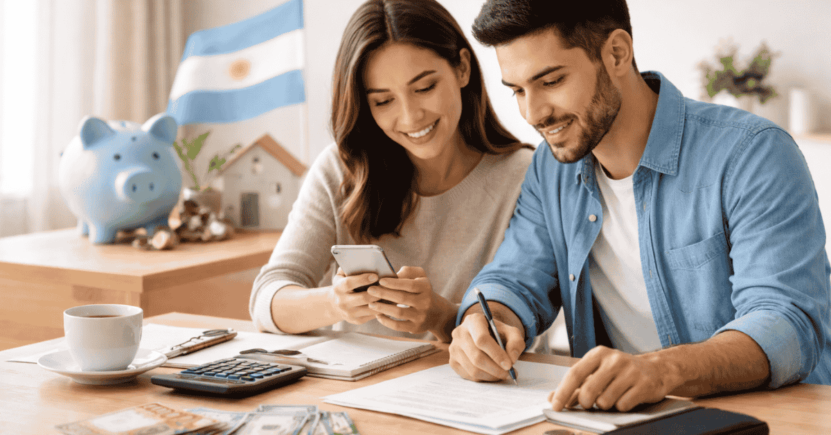 Pareja joven organiza sus finanzas personales en casa, revisando gastos y ahorros con el celular, calculadora y documentos sobre la mesa.