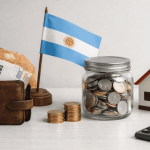 Argentine flag displayed alongside a wallet with peso bills, a jar filled with coins, stacked change, a small house model, and a calculator — symbolizing personal finances and savings in Argentina, including budgeting, housing planning, and money management.