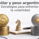 Imagen ilustrativa sobre la volatilidad entre el dólar y el peso argentino. Se observan dos pilas de monedas: a la izquierda, monedas doradas con el símbolo del dólar; a la derecha, monedas plateadas con un sol similar al de la moneda argentina. En el centro hay una pieza de ajedrez en forma de caballo sobre un cuaderno, representando estrategia financiera. En primer plano aparecen anteojos y una calculadora, reforzando la idea de análisis y planificación ante la fluctuación cambiaria.