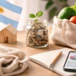 Finanzas en Argentina representadas por ahorro en frasco con monedas, compras de alimentos frescos y planificación financiera en smartphone sobre la mesa.