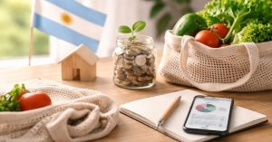 Finanzas en Argentina representadas por ahorro en frasco con monedas, compras de alimentos frescos y planificación financiera en smartphone sobre la mesa.