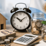 Mesa con frascos llenos de monedas y un pequeño brote creciendo, junto a billetes en pesos argentinos, una calculadora y un reloj despertador, simbolizando ahorro y planificación financiera en Argentina. También se observa una maqueta de casa y la bandera argentina al fondo, representando metas de vivienda, inversión y organización de las finanzas personales a lo largo del tiempo.