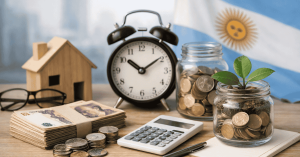 Mesa con frascos llenos de monedas y un pequeño brote creciendo, junto a billetes en pesos argentinos, una calculadora y un reloj despertador, simbolizando ahorro y planificación financiera en Argentina. También se observa una maqueta de casa y la bandera argentina al fondo, representando metas de vivienda, inversión y organización de las finanzas personales a lo largo del tiempo.