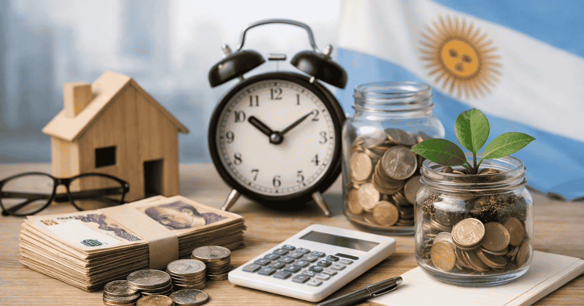 Mesa con frascos llenos de monedas y un pequeño brote creciendo, junto a billetes en pesos argentinos, una calculadora y un reloj despertador, simbolizando ahorro y planificación financiera en Argentina. También se observa una maqueta de casa y la bandera argentina al fondo, representando metas de vivienda, inversión y organización de las finanzas personales a lo largo del tiempo.