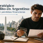 Imagen editorial realista sobre el uso estratégico del crédito en Argentina, con un hombre revisando gastos y documentación financiera frente al paisaje urbano de Buenos Aires, simbolizando planificación económica, control de deudas y prevención de pérdidas financieras.