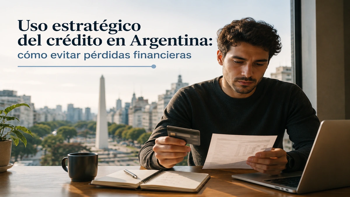 Imagen editorial realista sobre el uso estratégico del crédito en Argentina, con un hombre revisando gastos y documentación financiera frente al paisaje urbano de Buenos Aires, simbolizando planificación económica, control de deudas y prevención de pérdidas financieras.